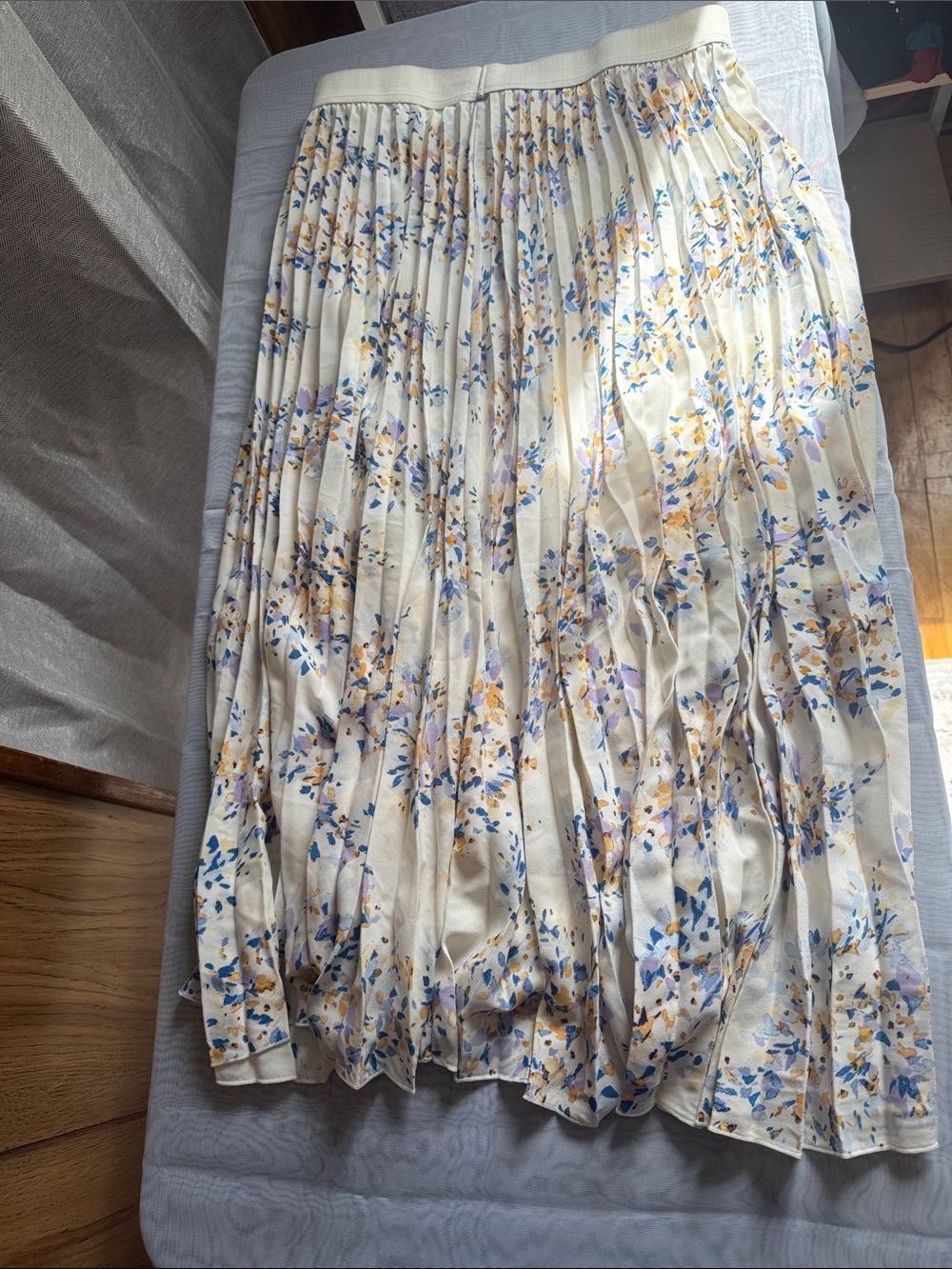 Floral Pleated Midi Skirt - Cream with Blue & Yellow Floral